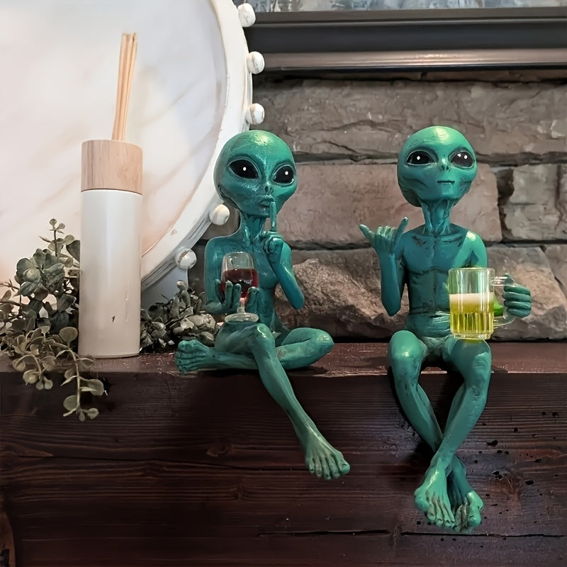 2pcs of Green Alien Drinking Resin Collectible Figurines