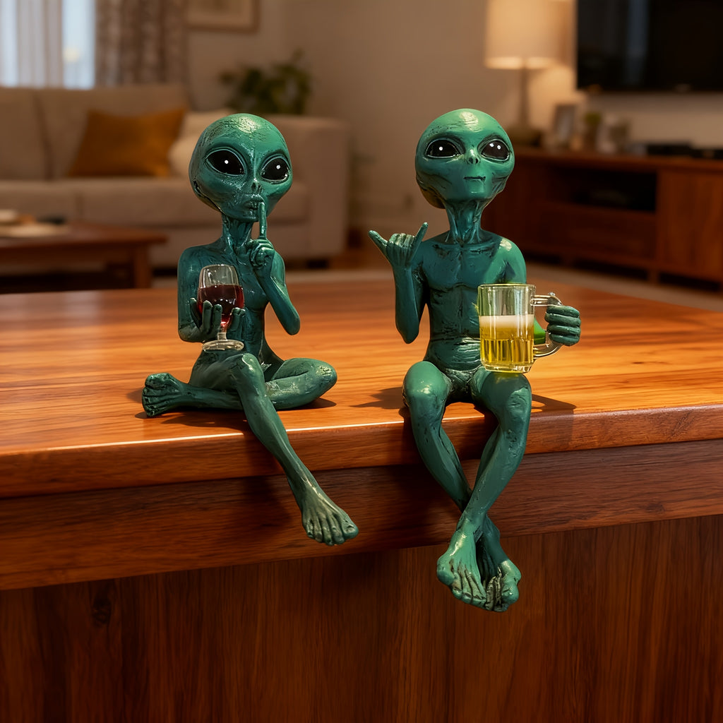 2pcs of Green Alien Drinking Resin Collectible Figurines
