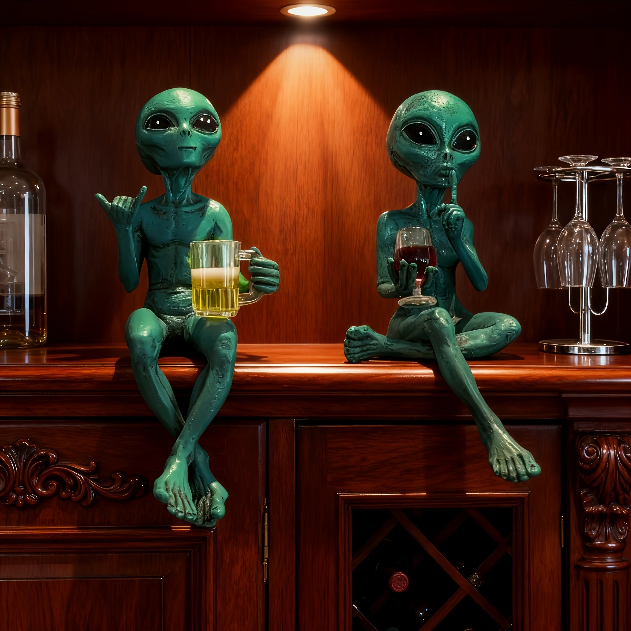 2pcs of Green Alien Drinking Resin Collectible Figurines